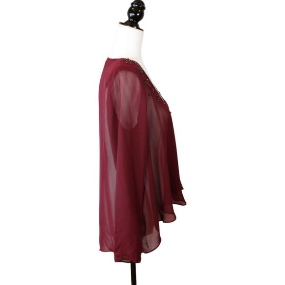 Tradition Beaded Over Blouse Size 8 Shoulder Pad Red Maroon Sheer High Low CA303 - Picture 10 of 13